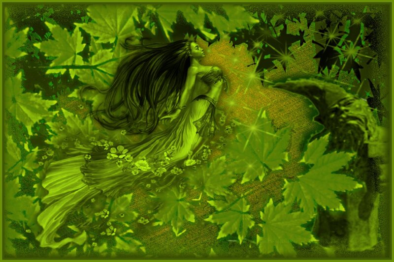 Woman with Long Hair — Green, Serene, Digital Art, Leaves