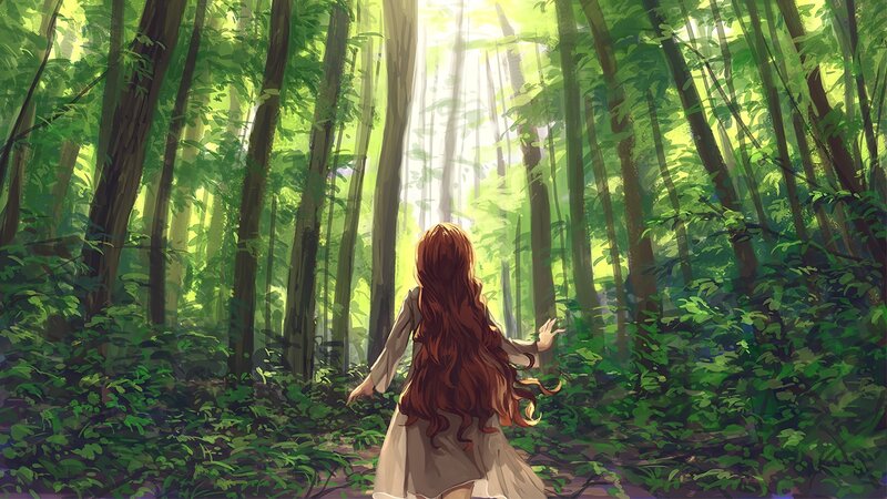 Woman with Long Hair — Green, Serene, Morning, Digital Art