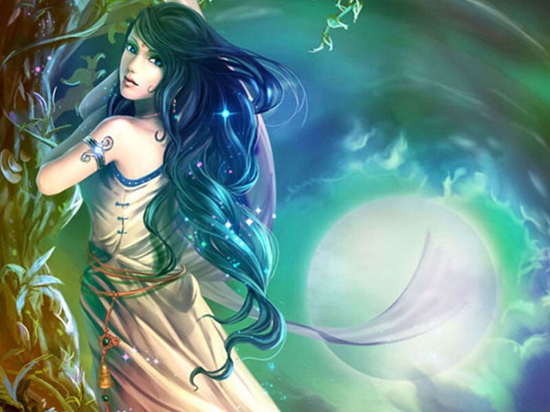 Woman with Long Hair — Green, Serene, Night