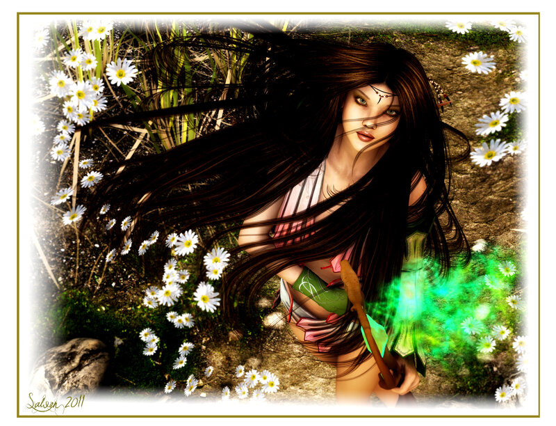 Woman with Long Hair — Green, Serene, Spring, Digital Art