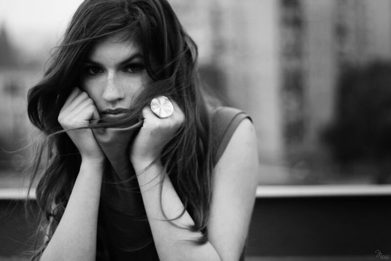 woman with long hair in black and white