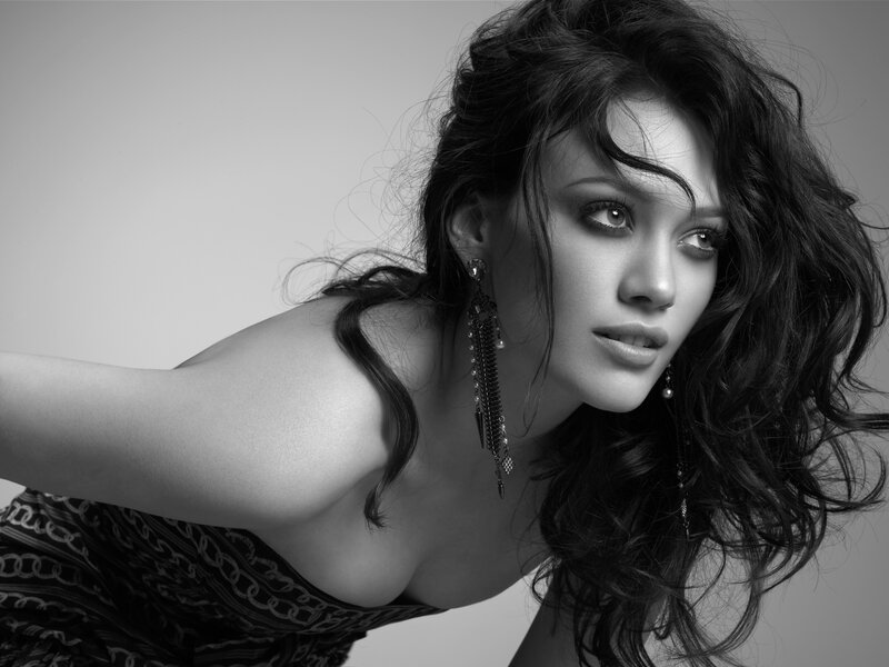 woman with long hair in black and white