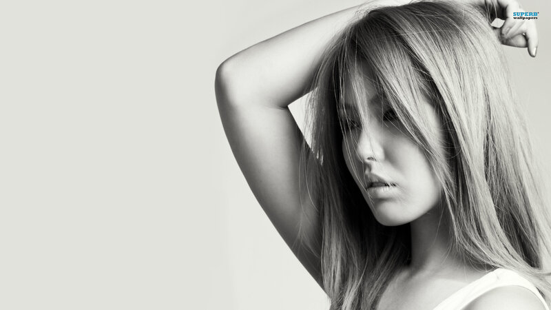 woman with long hair in black and white