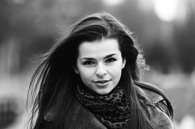 woman with long hair in black and white