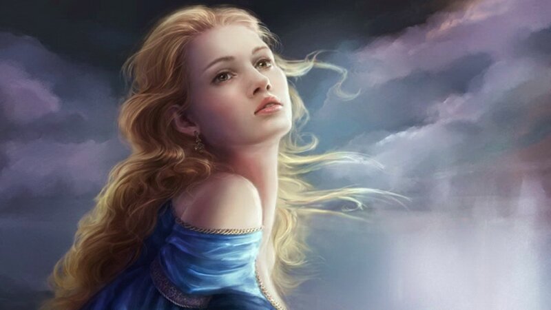 woman with long hair in blue dress