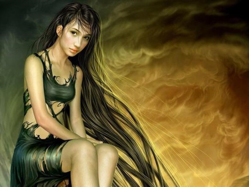 woman with long hair in dark dress