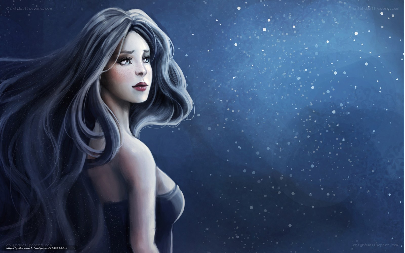 woman with long hair in starry night