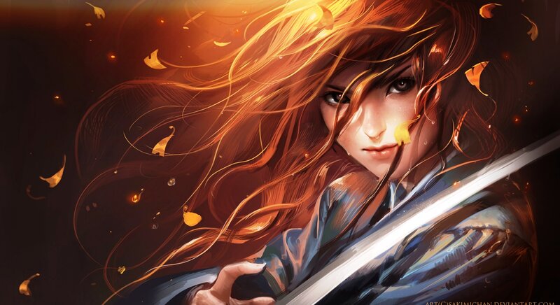 Woman with Long Hair — Orange, Dramatic, Autumn, Digital Art, Sword