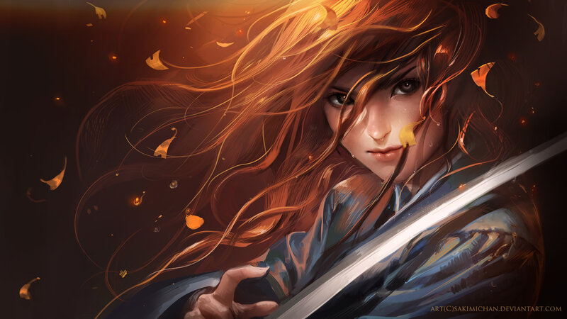 Woman with Long Hair — Orange, Dramatic, Autumn, Digital Art