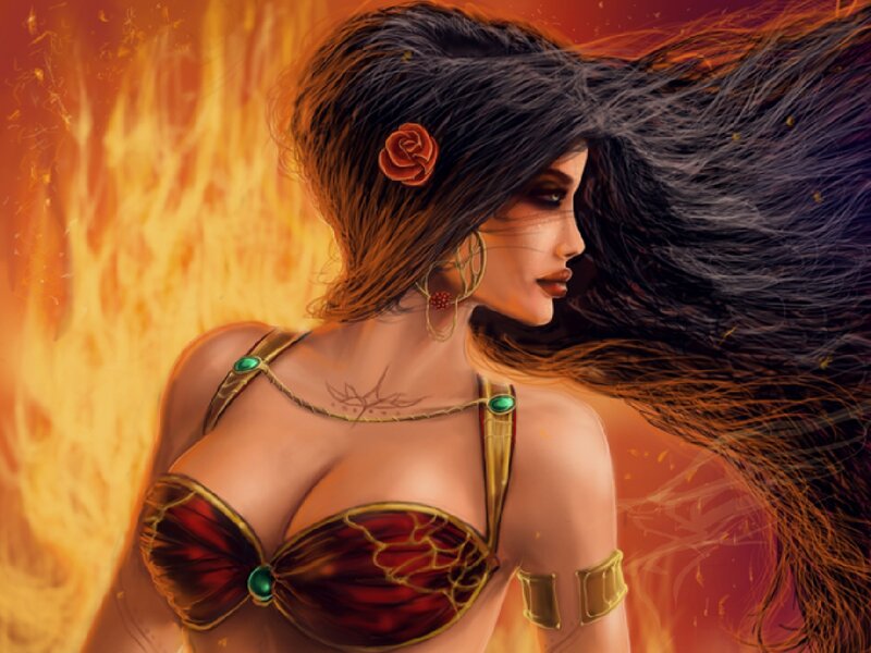 Woman with Long Hair — Orange, Dramatic, Digital Art, Fire