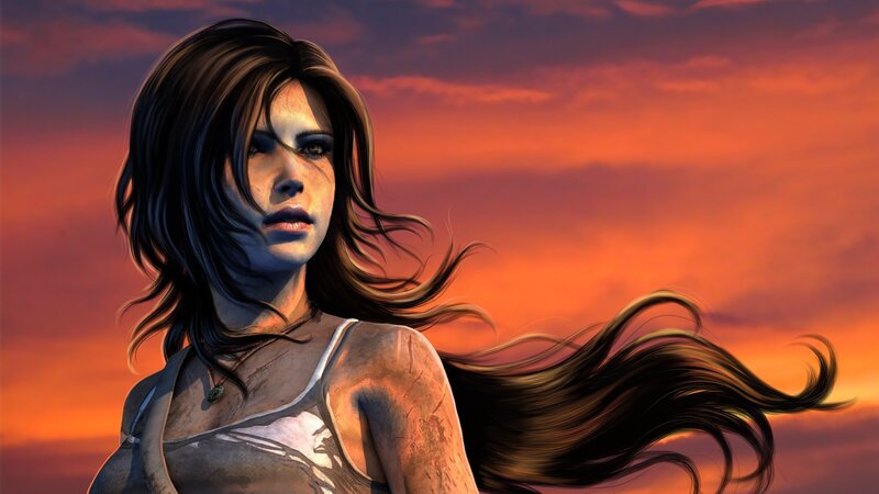 Woman with Long Hair — Orange, Dramatic, Sunset, Digital Art, Tank Top, Necklace