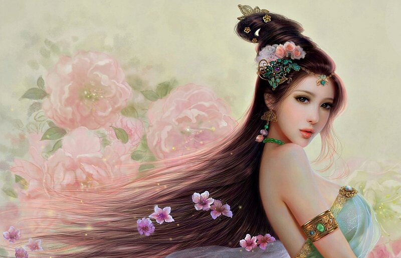 Woman with Long Hair — Pink, Serene, Digital Art, Flowers