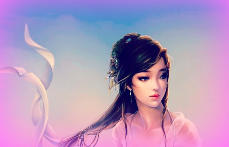 Woman with Long Hair — Pink, Serene, Digital Art