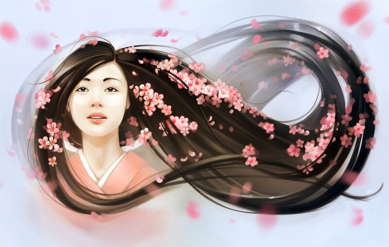 Woman with Long Hair — Pink, Serene, Spring, Digital Art, Cherry Blossoms