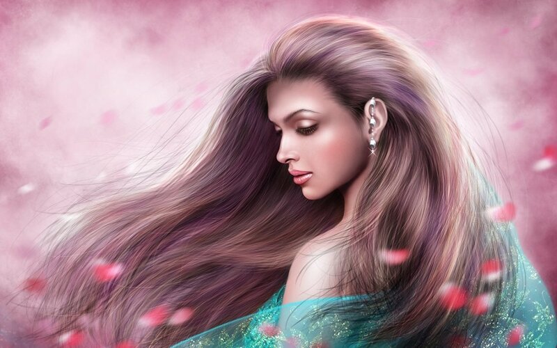 Woman with Long Hair — Pink, Serene, Spring, Digital Art, Earring