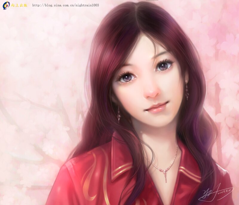 Woman with Long Hair — Pink, Serene, Spring, Digital Art