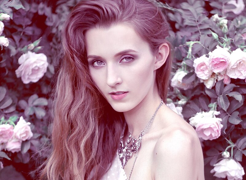 Woman with Long Hair — Pink, Serene, Spring, Photograph, Roses