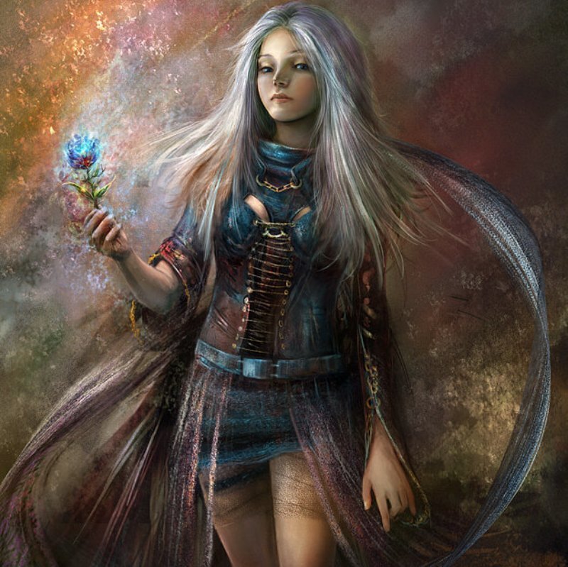 Woman with Long Hair — Purple, Dramatic, Digital Art, Flower