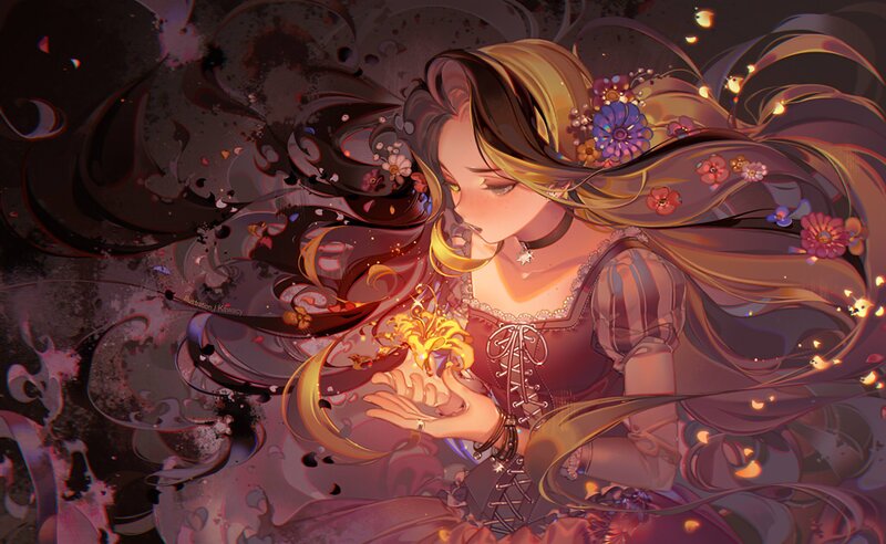 Woman with Long Hair — Purple, Dramatic, Digital Art, Flowers, Light