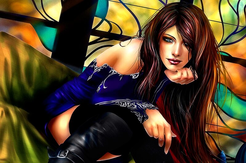 Woman with Long Hair — Purple, Dramatic, Digital Art, Stained Glass