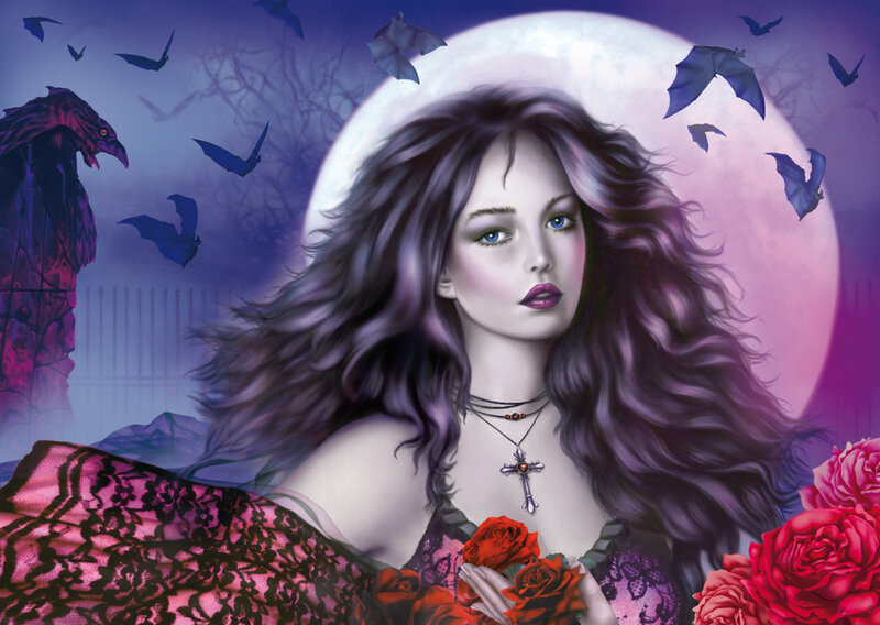 Woman with Long Hair — Purple, Dramatic, Night, Digital Art, Bats