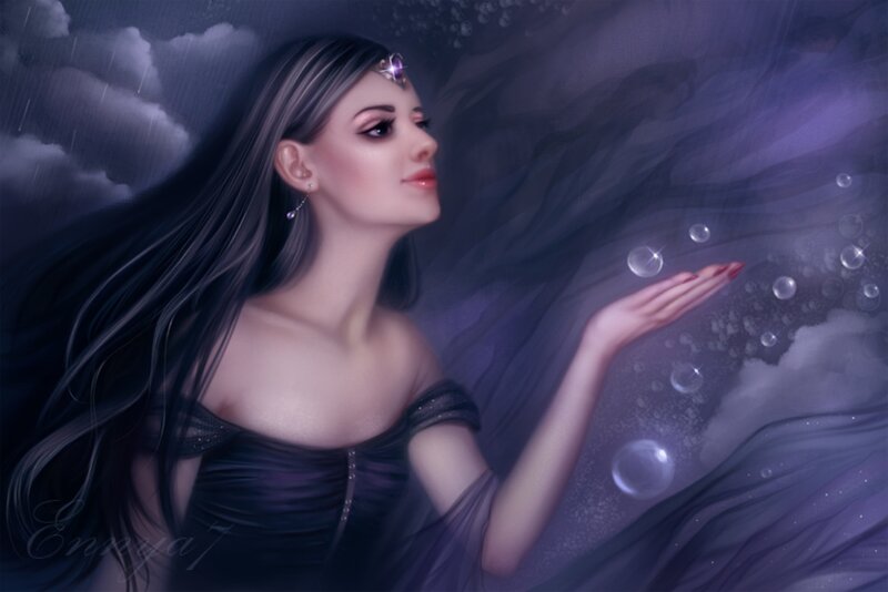 Woman with Long Hair — Purple, Dramatic, Night, Digital Art, Bubbles