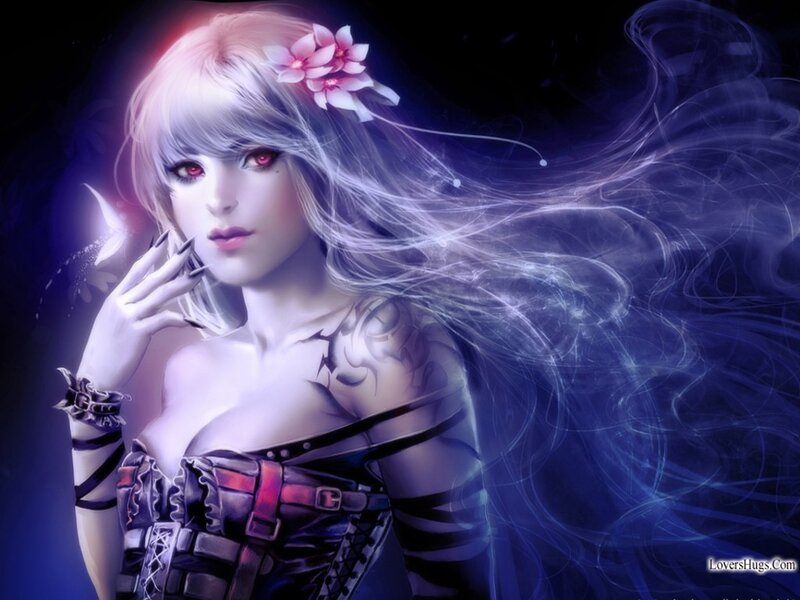 Woman with Long Hair — Purple, Dramatic, Night, Digital Art, Flower, Tattoo