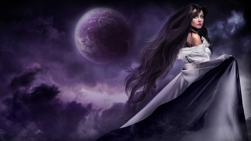 Woman with Long Hair — Purple, Dramatic, Night, Digital Art, Moon, Clouds