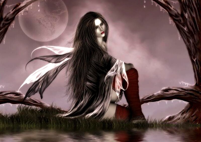 Woman with Long Hair — Purple, Dramatic, Night, Digital Art, Moon