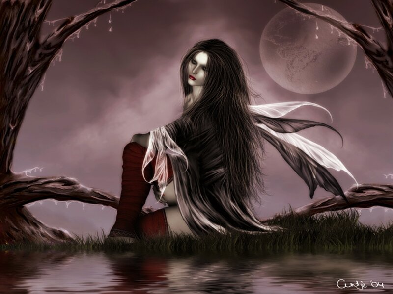 Woman with Long Hair — Purple, Dramatic, Night, Digital Art, Moon, Tree