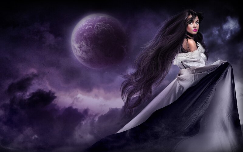 Woman with Long Hair — Purple, Dramatic, Night, Digital Art, Planet