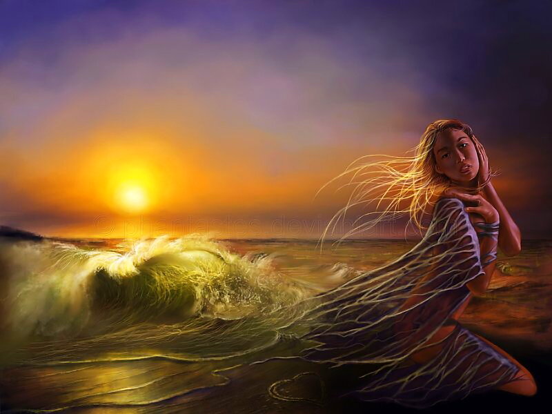 Woman with Long Hair — Purple, Dramatic, Sunset, Digital Art
