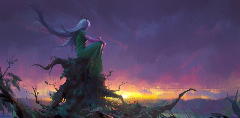 Woman with Long Hair — Purple, Dramatic, Sunset, Digital Art, Tree Stump