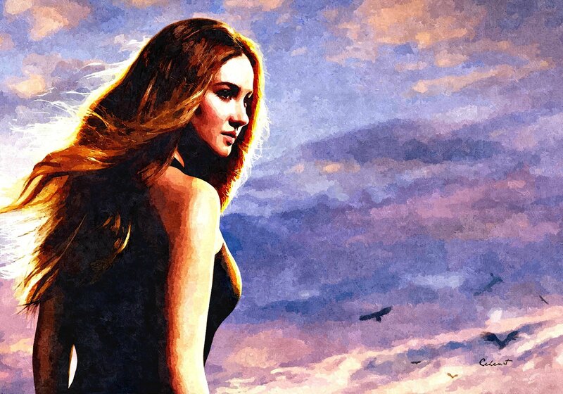 Woman with Long Hair — Purple, Dramatic, Sunset, Painting