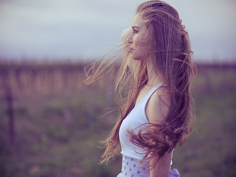 Woman with Long Hair — Purple, Serene, Afternoon
