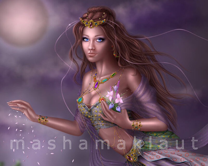 Woman with Long Hair — Purple, Serene, Night, Digital Art, Flowers
