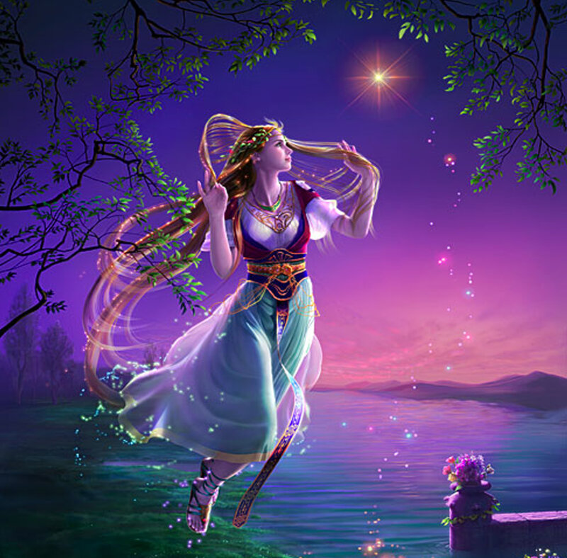 Woman with Long Hair — Purple, Serene, Night, Digital Art, Tree Branches