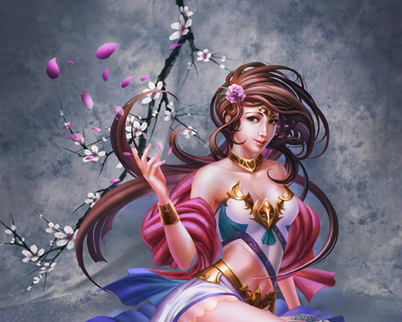 Woman with Long Hair — Purple, Serene, Spring, Digital Art