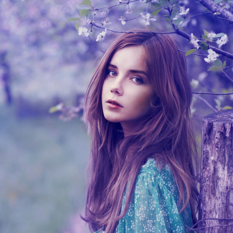 Woman with Long Hair — Purple, Serene, Spring, Photograph
