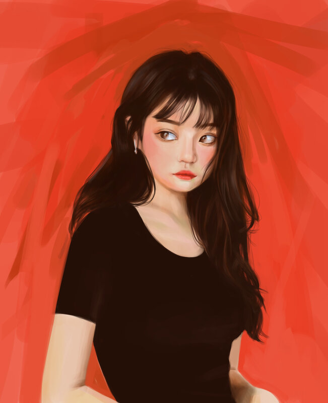 Woman with Long Hair — Red, Dramatic, Digital Art, Black Shirt