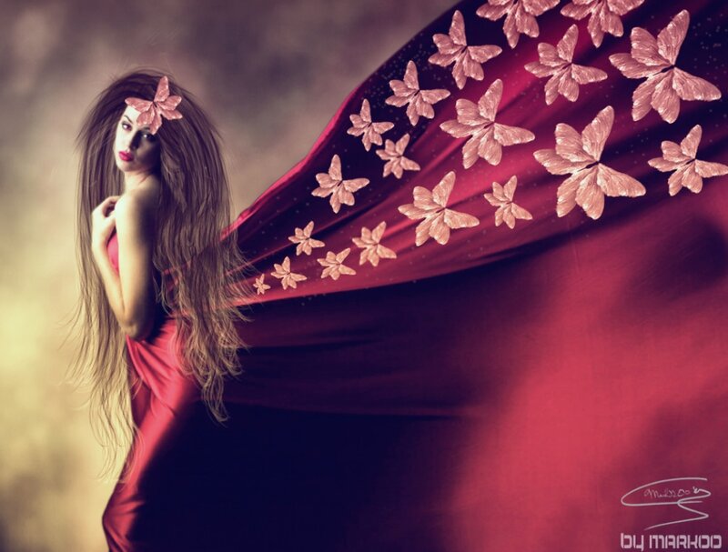Woman with Long Hair — Red, Dramatic, Digital Art, Butterflies
