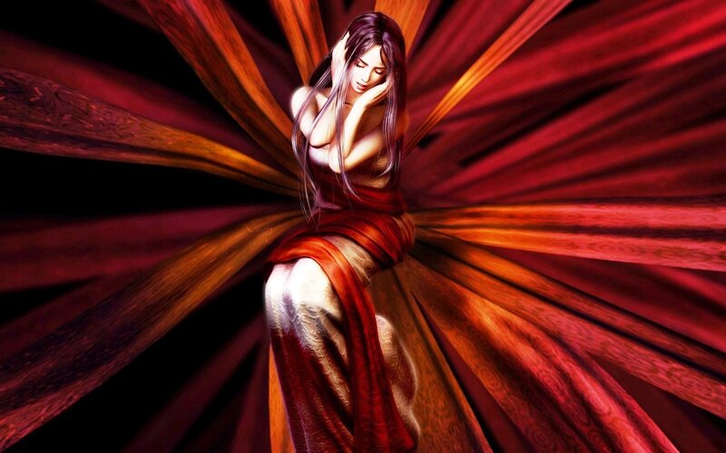 Woman with Long Hair — Red, Dramatic, Digital Art, Dress