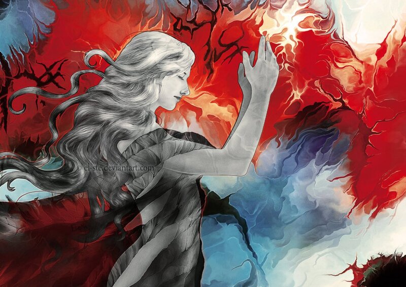 Woman with Long Hair — Red, Dramatic, Digital Art, Fire