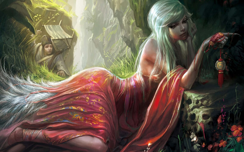 Woman with Long Hair — Red, Dramatic, Digital Art, Man in Background