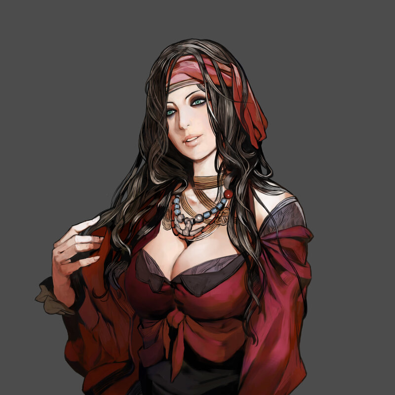 Woman with Long Hair — Red, Dramatic, Digital Art, Red Headscarf