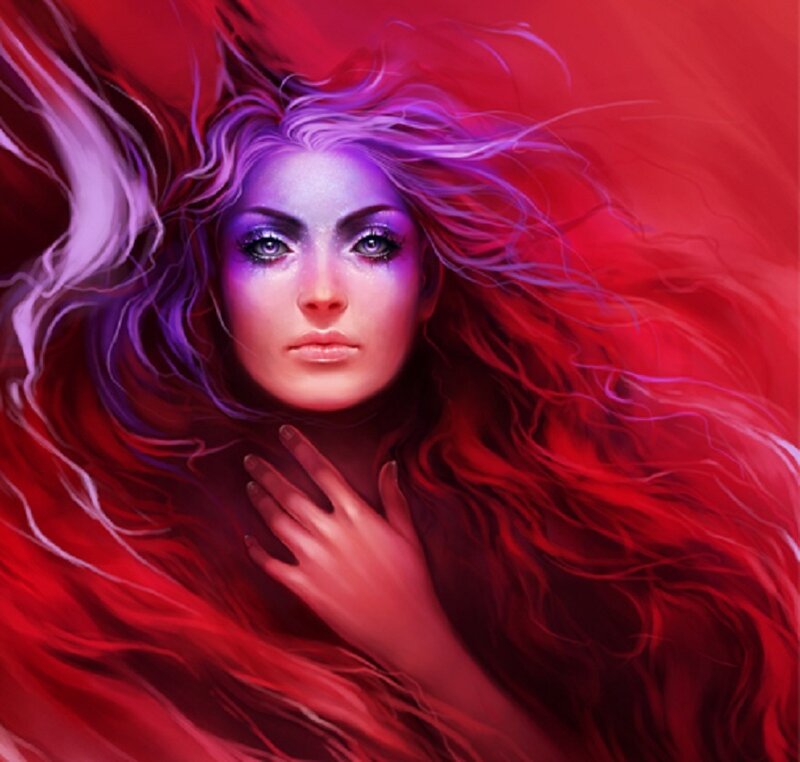 Woman with Long Hair — Red, Dramatic, Digital Art