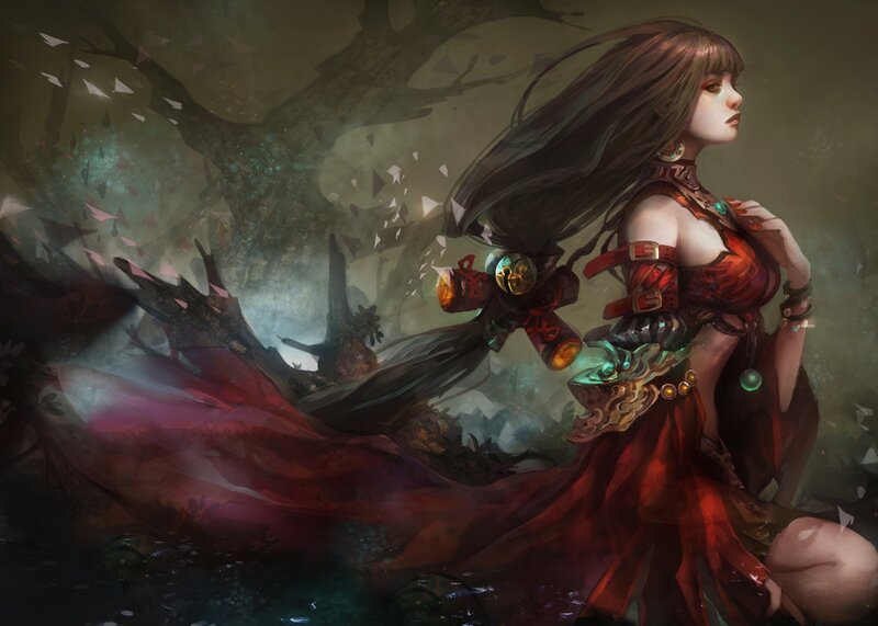 Woman with Long Hair — Red, Dramatic, Digital Art, Tree