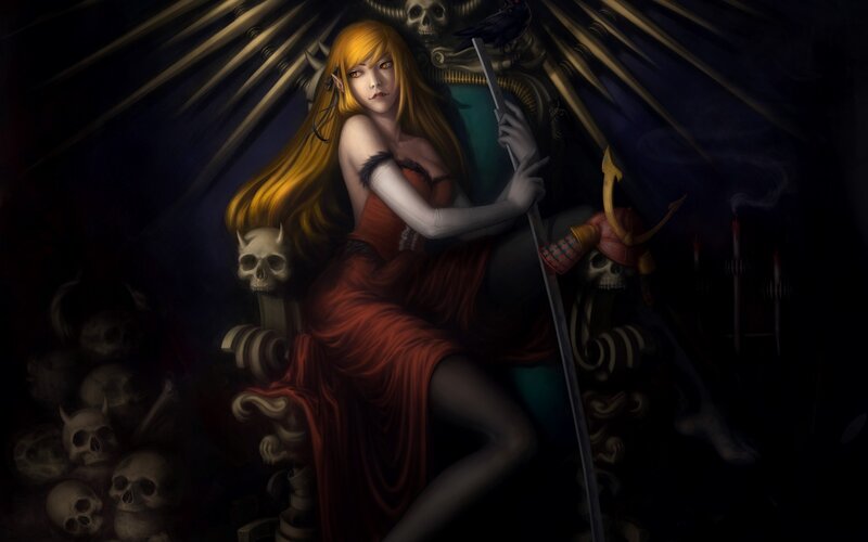 Woman with Long Hair — Red, Dramatic, Night, Digital Art, Skulls