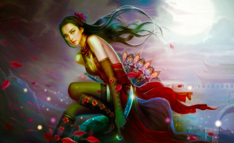Woman with Long Hair — Red, Dramatic, Night, Digital Art, Sword
