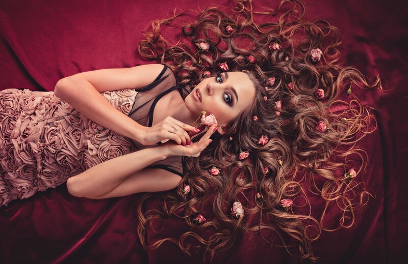 Woman with Long Hair — Red, Dramatic, Photograph, Roses